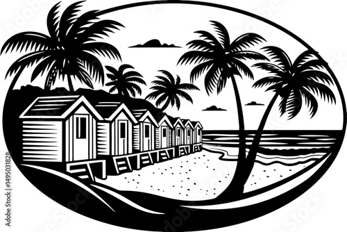 Palm-lined beach with colorful huts along the shore vector illustration