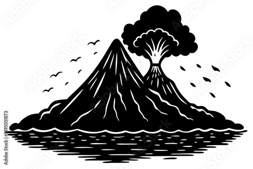 volcanic island with smoke rising from crater vector illustration