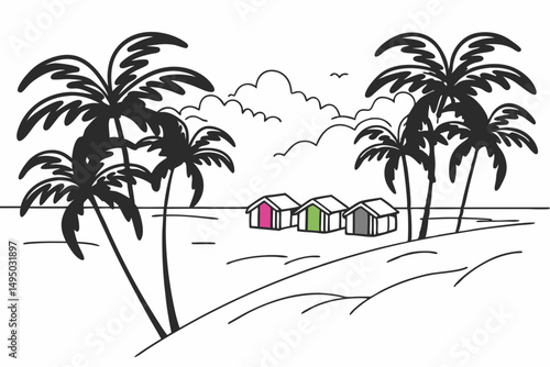 Palm lined beach with colorful huts along the shore vector illustration