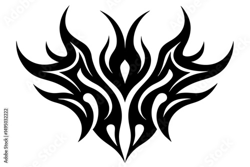 Tribal tattoo design with wings, a black vector ornament pattern illustration featuring fire, swirl, and floral decorative elements with leaves and flames