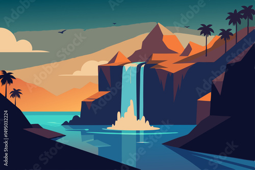 remote island with waterfall cascading into ocean vector illustration