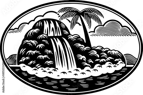 Remote island with a waterfall cascading into the sea vector illustration