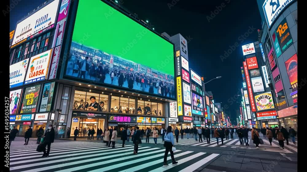 Bright billboards and LED screens on busy street at night in a ...