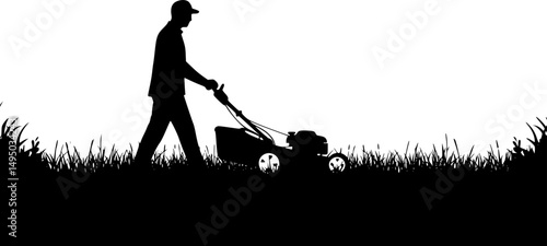 A Person Mowing Lawn with a Lawn Mower Silhouette Vector Illustration
