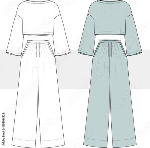 Oversize cotton cropped top sweatshirt and wide leg sweatpants suit drawing. Fashion Illustration, Vector, CAD, Technical Drawing, Flat Drawing, Template, Mockup.