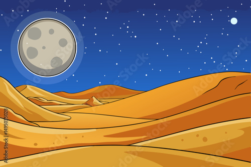 nighttime desert with full moon casting silver light vector illustration