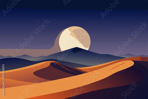 nighttime desert with full moon casting silver light vector illustration