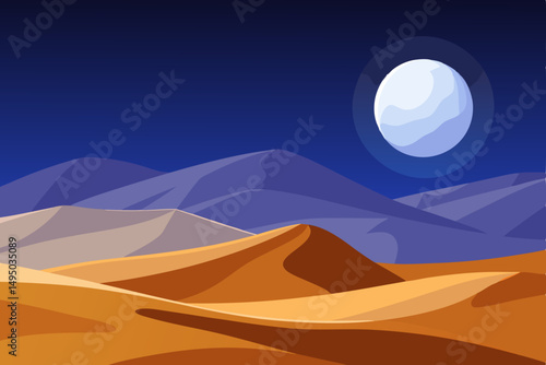 nighttime desert with full moon casting silver light vector illustration