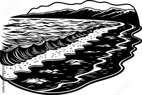 Black sand beach with turquoise waves crashing vector illustration