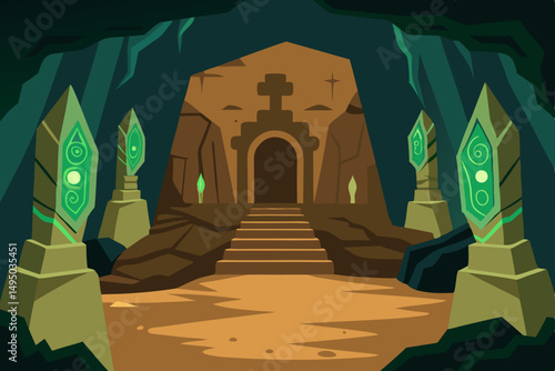Forgotten cavern with ancient carvings on the walls vector illustration