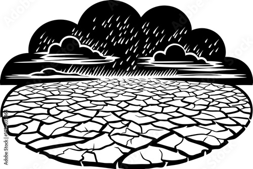 Cracked dry desert floor with storm clouds approaching vector illustration