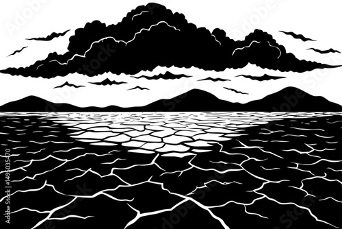 Cracked dry desert floor with storm clouds approaching vector illustration