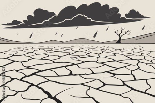 Cracked Dry Desert Floor with Approaching Storm Clouds Vector Illustration