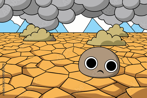 Cracked Dry Desert Floor with Approaching Storm Clouds Vector Illustration