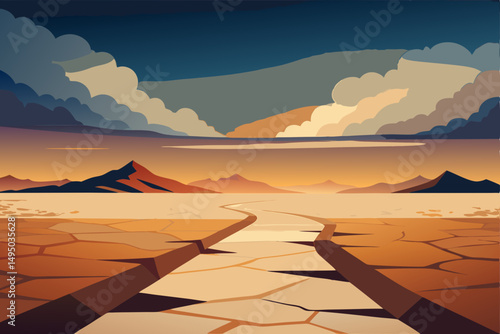 Cracked dry desert floor with storm clouds approaching vector illustration