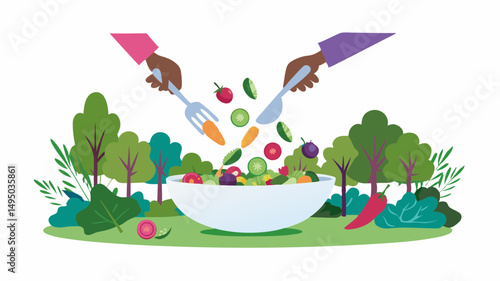 Hands tossing a salad with vegetables in a white bowl surrounded by trees and greenery in a garden