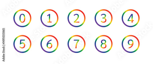 Set of numbers 0-9 rainbow pattern, Lgbtq number round button sign.