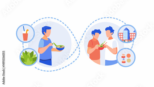 Illustration showing people eating food and drink with building and plants in circular frames connected