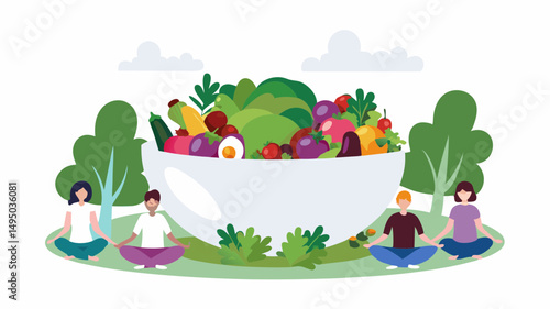 People meditating in front of a large bowl filled with fresh vegetables and fruits in a park setting outdoors