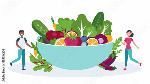 People standing beside a large bowl filled with various fruits and vegetables in a colorful illustration