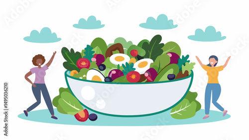 Two women celebrating a large salad bowl filled with fresh vegetables under fluffy clouds in the sky