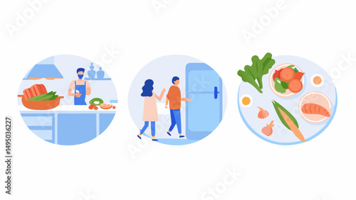 Three scenes depicting food preparation, refrigerator access, and a plate of fresh vegetables and fruits
