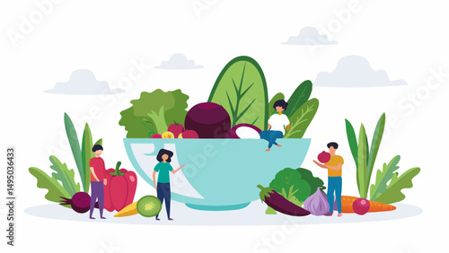 Illustration of a large bowl filled with various vegetables and people interacting around it on white background