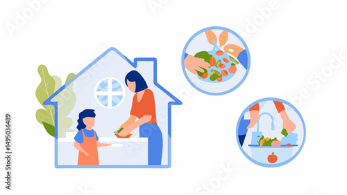Illustration of a mother and daughter preparing food together in a house with cooking scenes around it