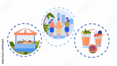 Illustration showing a fruit stand, people near palm trees, and two glasses of fruit smoothies design