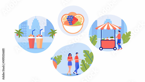 Illustration showing fruit smoothies fruit bowl food cart and people walking in a tropical urban setting