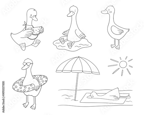 Outline cute goose characters line set, sitting animal in puddle, beach, with watermelon, outline hand drawn illustration for coloring book or page