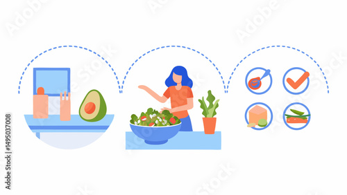 Illustration of a woman preparing a salad with avocado and other healthy food ingredients shown
