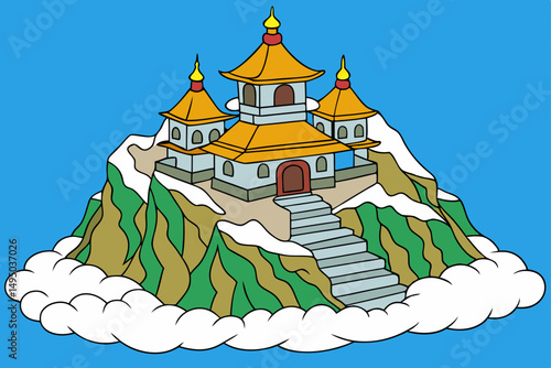 distant monastery on top of snowy peak vector illustration