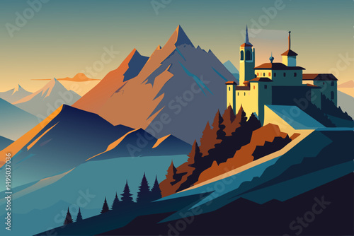 Distant monastery perched on top of a snowy peak vector illustration