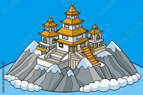 Distant monastery perched on a snowy mountain peak vector illustration