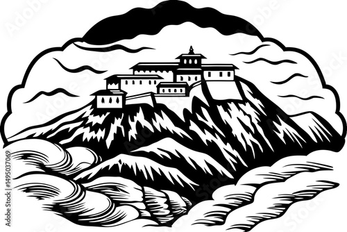 distant monastery on top of snowy peak vector illustration