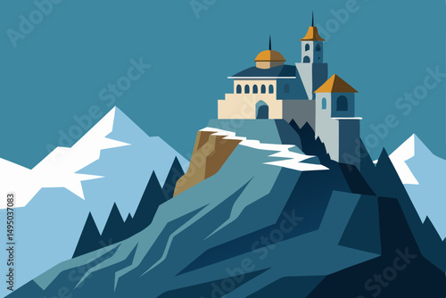 distant monastery on top of snowy peak vector illustration