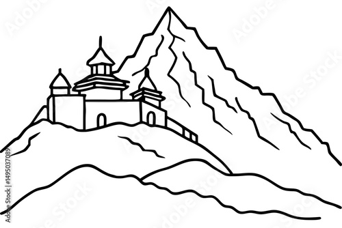distant monastery on snowy mountain peak vector illustration