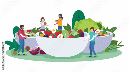 People surrounding large bowls filled with salad ingredients and fresh produce in a vibrant scene