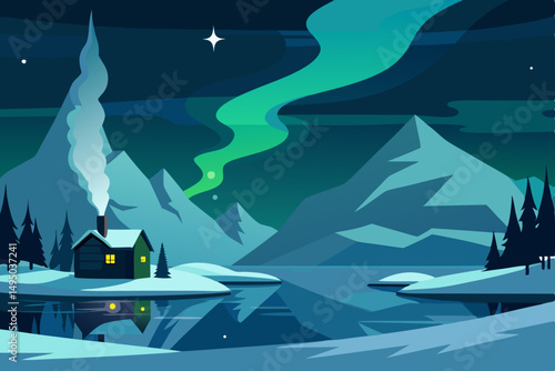 Frozen lake under the northern lights with a cabin vector illustration
