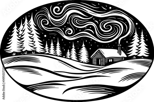 Frozen lake under the northern lights with a cabin vector illustration