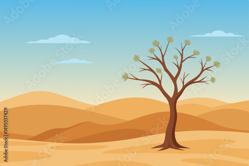 solitary tree standing in empty landscape vector illustration