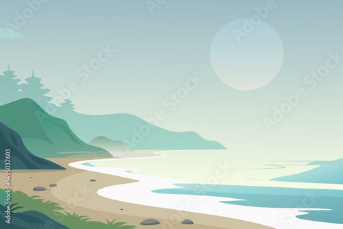 foggy morning on quiet beach with gentle waves vector illustration