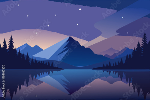 Peaceful mountain lake reflecting the starry night vector illustration