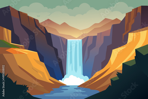 powerful cascade plunging into rocky canyon vector illustration