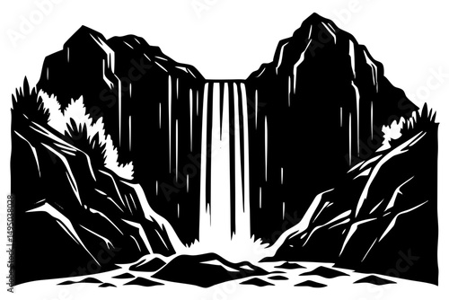 powerful cascade plunging into rocky canyon vector illustration