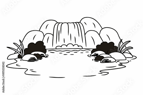 waterfall flowing into crystal clear lagoon vector illustration