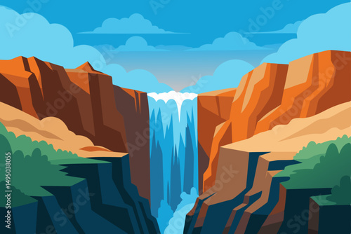 powerful cascade plunging into rocky canyon vector illustration