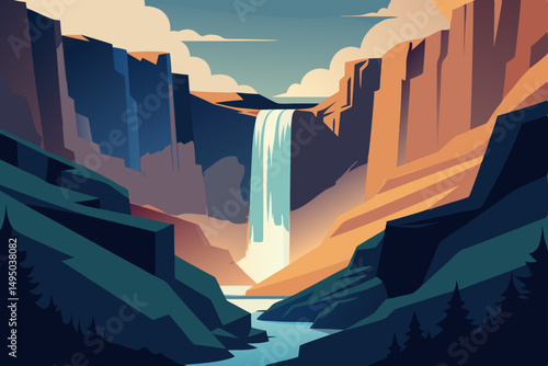 powerful cascade plunging into rocky canyon vector illustration