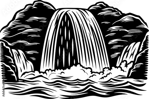 Powerful Waterfall Cascading Into Rocky Canyon Vector Illustration